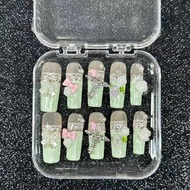 Y2K Retro Gyaru Green French Lace Handmade Press On Nails 3D Bow Pearl Polka Dot Clover Fake Nails C