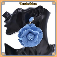 TONFASHION Blue Rose Earrings, Denims Exaggerate Denim Blue Fabric Earrings, Ornament Handmade Flowe