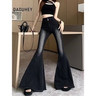 DaDuHey Women's Retro Washed Frayed Big Flared Jeans High Waist Wide Leg Pants Casual Fishtail Pants