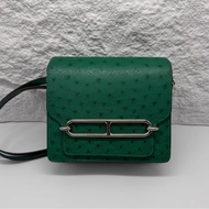 98新 Hermes mini  Roulis 18 U4絲絨綠銀扣 Roulis mini 豬鼻子包 鴕鳥皮 配件：塵袋