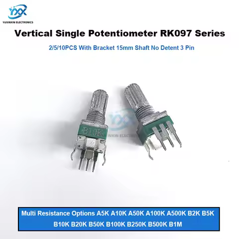 2/5/10PCS RK097 R097 Vertical Precision Potentiometer with Bracket 15mm Handle No Gear 3 Feet A/B10K