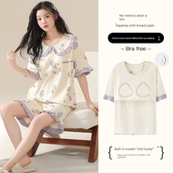 baju perempuan 1 set sleepwear woman Piyama dengan alas dada, seluar pendek kapas musim panas wanita