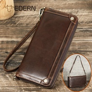EDERN Retro Genuine Leather Wallet for Men RFID Blocking Clutch Bag Long Wallet Cowhide Zipper Wallet Handbag Coin Purse Card Holder