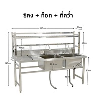 ซิงค์ล้างจานสแตนเลส พร้อมที่คว่ำจาน อ่างล้างจาน 2 หลุมขวา 180x70x80ซม Double Bowl Kitchen Sink SK180
