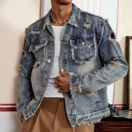 Men's Fashion Washed Distressed Frayed Denim Jacket, Emo Style