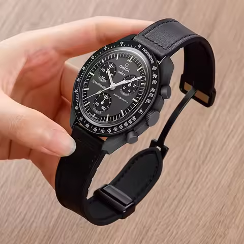 Leather+Silicone Strap For Omega X Swatch Joint MoonSwatch Planet Watch Band Magnetic Buckle Bracele