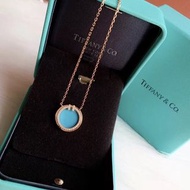 Tiffany 925純銀綠松石圓環雙T鑲鑽玫瑰金項鍊