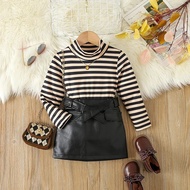 LIONA GIRL SET Setelan Anak Perempuan Baju Anak Import impor Korean Style Baju Rajut Knit+Rok Kulit 