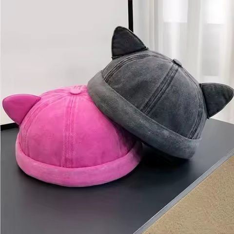 New Cat's ears (Steamed cat-ear shaped bread) round top melon skin hat brimless hat Hip hop landlord