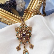 FLORENZA維多利亞仿紫晶綠松石珍珠盾金墜項鍊/美國西洋古董飾品