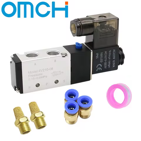 4V210-08 Pneumatic Electric Solenoid Valve 5 Way 2 Position Control Air Gas Magnetic 12V 24V 110V 22