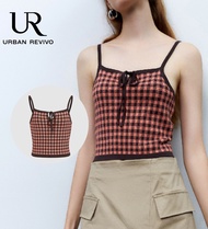 URBAN REVIVO เสื้อผู้หญิงลายตารางหมากรุกเสื้อกล้ามยืดหยุ่นเสื้อกล้ามเพรียวบาง