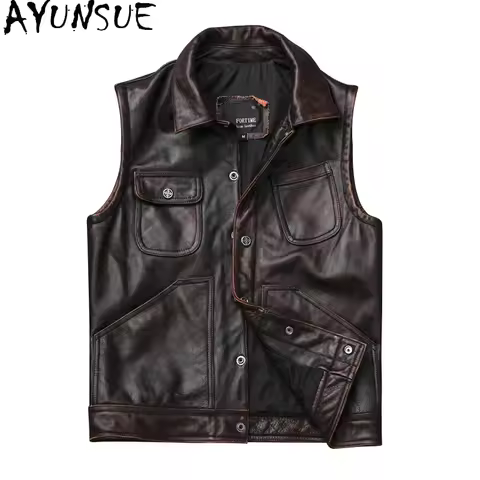 AYUNSUE Genuine Leather Jacket Men Vintage Clothes 100% Cow Leather Coat Motorcycle Jacket Cowhide L