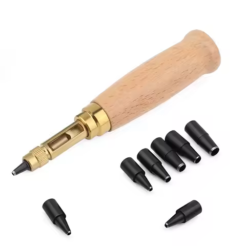 Japanese Style Leather Hole Punch Set Adjustable Screw Punch Tool 6 Tip Sizes with Wood Handle Bookb