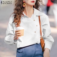 Esolo ZANZEA เสื้อแขนยาวคอปกสไตล์เกาหลีของผู้หญิงสีพื้นเสื้อเชิ้ตลำลองไม่สม่ำเสมอ #10
