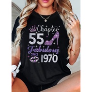 Women's 55th Birthday T-Shirt - Sparkling "Chapter 55 Fabulous Since 1970" Glitter Lettering with Di