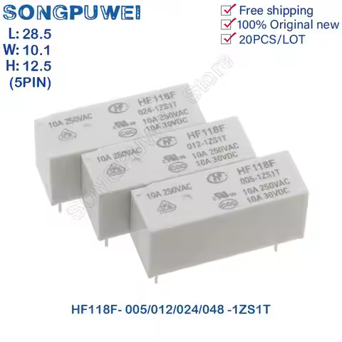 10Pcs/Lot HF118F Power Relay 5V 12V 24V 48VDC 5Pin 10A 1 Form C HF118F-005-1ZS1T HF118F-012-1ZS1T HF