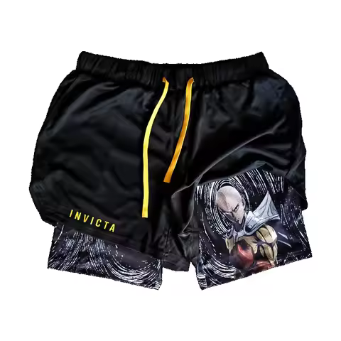 Anime One Punch Man Saitama 2-in-1 Compression Shorts Summer Quick Drying Sport Shorts Breathable Gy