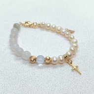 翠藍珍愛-天山翠玉 海藍寶 5-6mm天然淡水珍珠 包14K金十字架手鏈