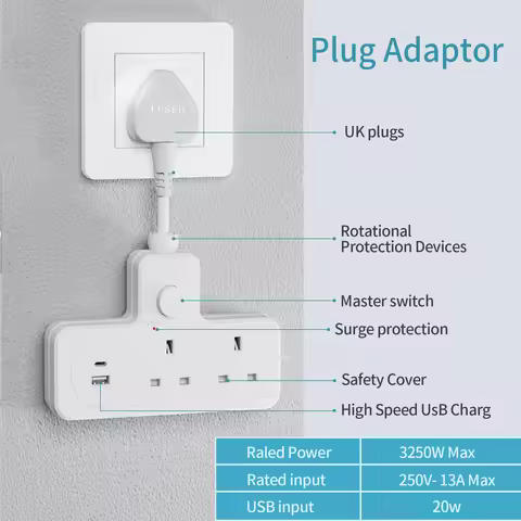 UK Power Plug Wall Outlet 13A 3120W Flexible Power Strip Outlets Extender USB Power Outlet Travel Po