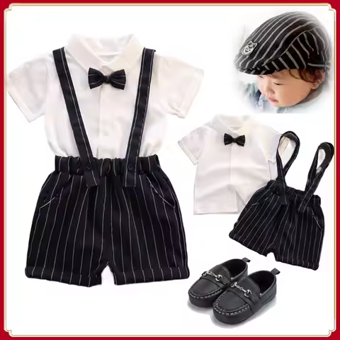 Gentleman Baby Boss Suit White Polo Shirt Stripe Straps Shorts Set 1st Birthday Outfit for Baby Kids