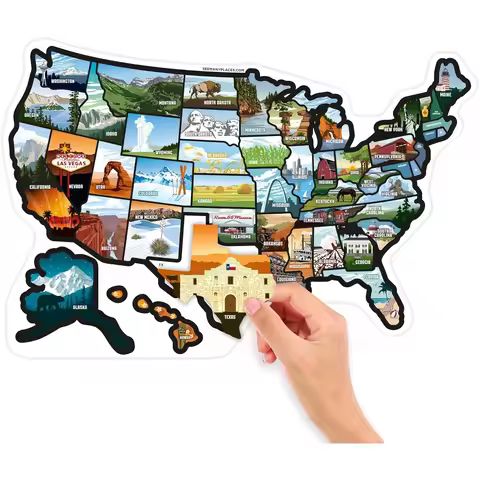 RV State Travel Map of The United States, Travel Camper Map RV 50 State Decal Stickers with Scenic I