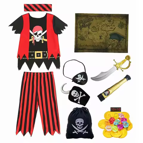3-12Y Boys Pirate Costumes Kids Pirate Toys Costumes Captain Jack Striped Dress Up Costume with Pira