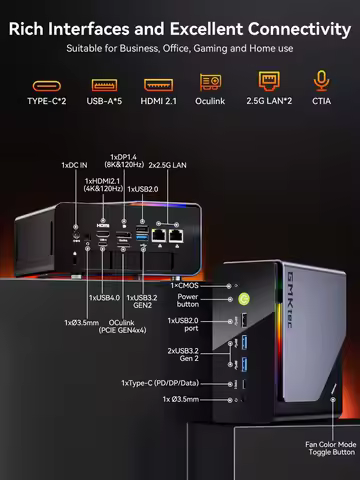 GMKtec K12 Ryzen 7 H 255 OCuLink Mini PC DDR5 5600MT/s Windows 11 3*PCIe WiFi6 BT 5.2 2*2.5G LAN Des
