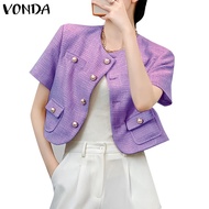 VONDA Women Korean  Short Sleeves Round Neck With Buttons Textural Sense Blazer