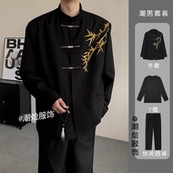 New Chinese Style Stand-Up Collar Suit Men's Suit Bamboo Leaf Embroidered Chinese Mountain Suit Hand