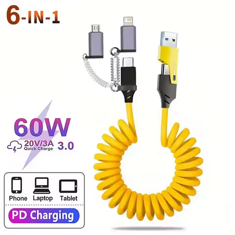 3 4 6 in 1 PD Fast Charging Cord Portable Telescopic Spring Short Data Cable USB A Type C to USB C/L