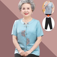 Kemeja lengan pendek musim panas orang tua, pakaian nenek wanita, baju Tang sulam bersulam 80, pakai