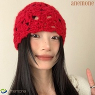 ANEMONE Crochet Flower Hat, Solid Color Handmade Knitted Pullover Hat, Casual Hollow Weave Short-bri
