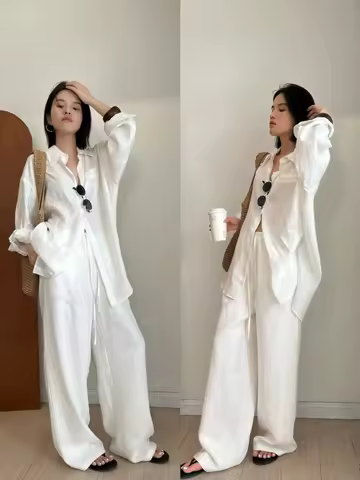 Slack Linen Wide-leg Pants Summer Loose Versatile Drawstring Straight White Casual Trousers Korean F