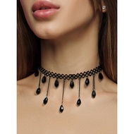Gothic Black Lace Gem Necklace Lace Collar Necklace Vintage Black Crystal Pendant Necklace