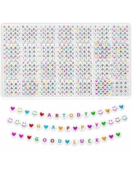 1400 piezas de cuentas de letras, kits de cuentas de letras redondas acrílicas de 4x7 mm, cuentas de alfabeto de A-Z y cuentas de corazón sonriente de colores para hacer pulseras, collares, llaveros y joyas DIY