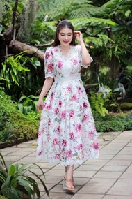 L-6XL Maxi dress ผ้าลูกไม้พิมพ์ลาย คอวี ชุดสาวอวบ อ้วน ชุดใส่ทำบุญ ลูกไม้ ชุดไปวัด ชุดงานหมั้น ชุดไป