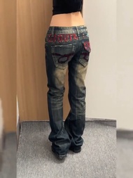 YUANFEINI | Retro Embroidered Grunge Style Low-Rise Wide Leg Jeans