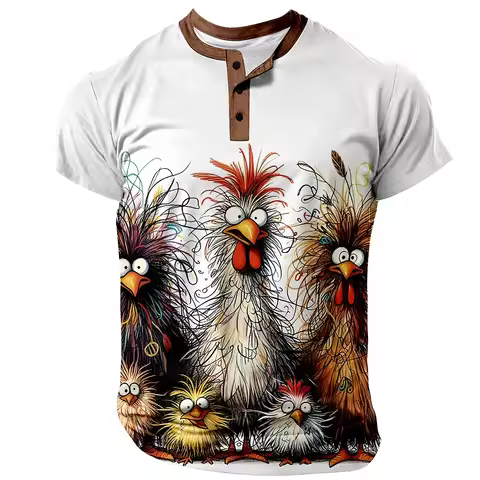 Funny Chicken 3D Print Henley Shirts Men's Fashion Streetwear Button-Down Oversized Short Sleeve T S