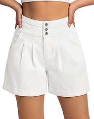 Jean Shorts for Women Stretchy Wide Leg High Waisted Denim Shorts with Cuffed Hem