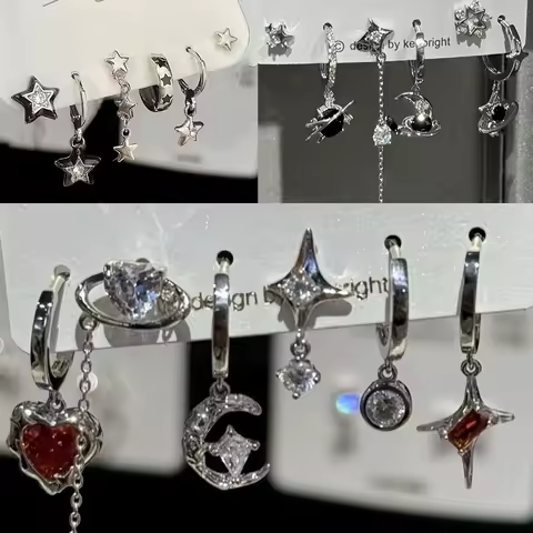 6PCS SET Goth Punk Vintage Aesthetic Crystal Heart Moon Cross Star Pendant Earrings For Men Women Gr