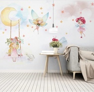 Pink Princess Flying Spirit Stars Moon 3D Cartoon Wallpaper Mural