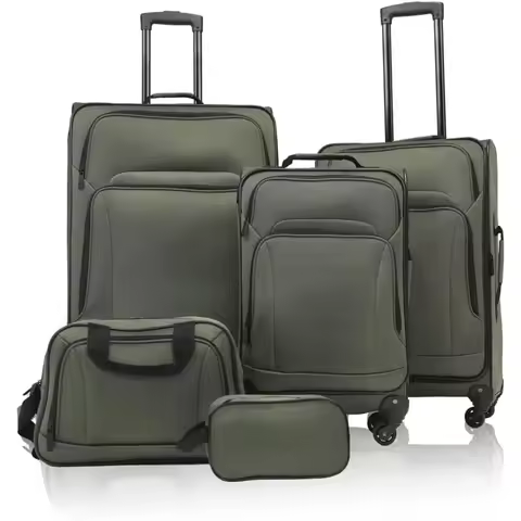 Expandable 5-Piece Suitcase Set with Dual Bag, Lightweight Travel Luggage (Green, 20/24/28 inches)