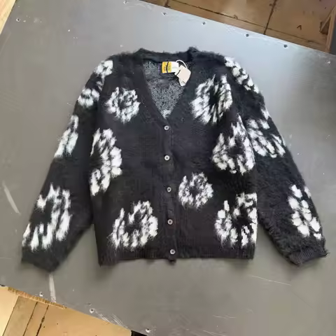 Saint Men's Black & White Cloud Pattern Fuzzy Cardigan Sweater - Oversized Casual Streetwear Knitwea