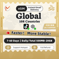 Global 108 Regions eSIM 5G 7-60 Days | Instant 24h  Delivery | High Speed Travel Data Global SIM Car