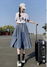 ONE - 牛仔七分褲高腰闊腿（牛仔色L-4XL）（下單後聯絡客服確認發貨尺碼）#F349001435