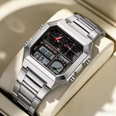 FOXBOX Luxury Man Watch Electronic Watches Square Quartz Watch LED Alarm Chronograph Gold Color Watc