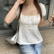 Lovito Casual Blouse Summer Button Front Lace Plicated Blouse for Women LNE38334 (White)