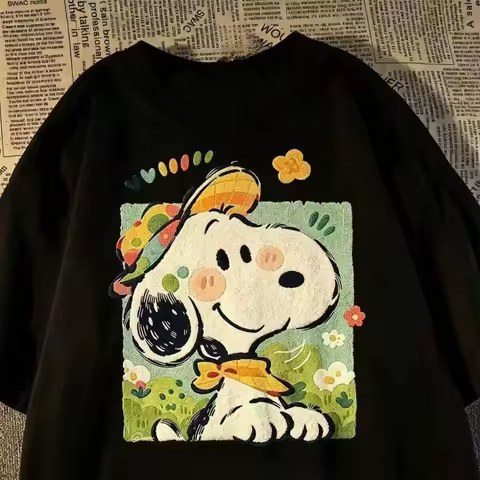 2026 Cartoon Snoopy Printed Short-sleeved T-shirt - Summer Children's Adult Loose Pure Cotton Family