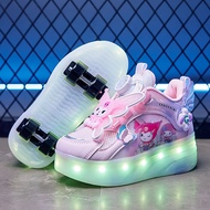 Girls Runaway Shoes Four-Wheel Deformation Children Kuromi Roller Skates Charging Luminous Girls Eig